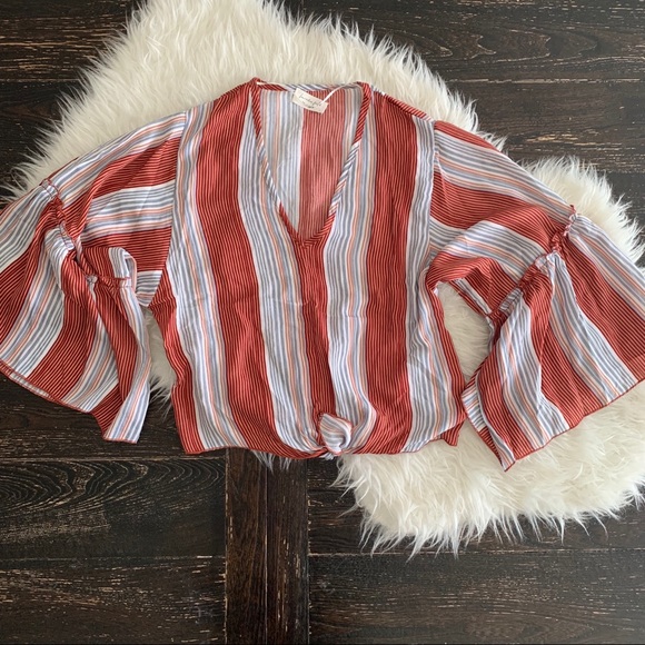 lavender field Tops - Flowy tie front boho ruffle sleeve stripe shirt